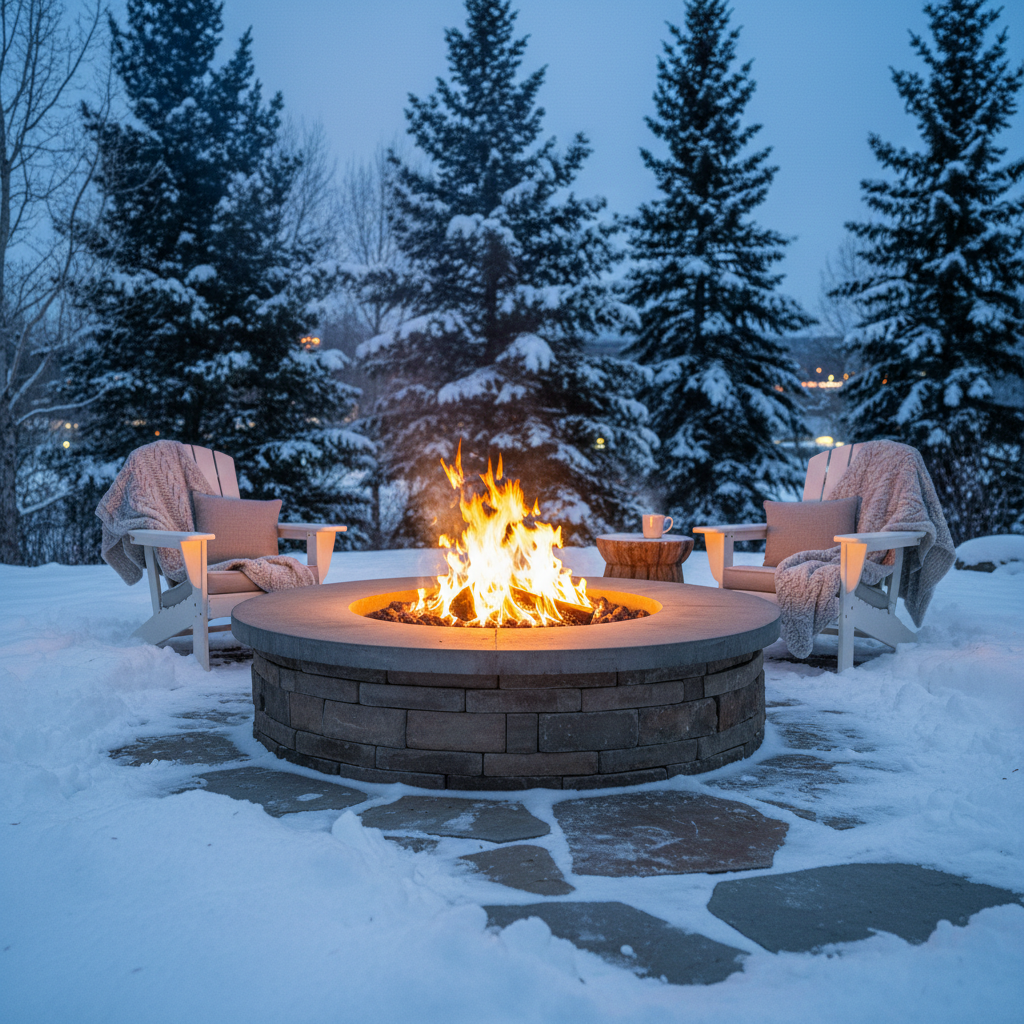 Fire pit with snow background