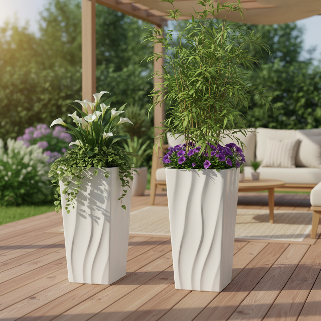 White Ceramic Planter Set with Textured Wave Design